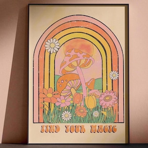 Póster retro y elegante Find Your Magic, estampado de flores de hongos psicodélicos bohemios, arte de pared hippie de los años 70, descarga digital de estética vintage