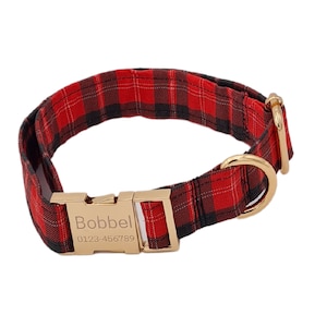 Personalized checkered dog collar with custom engraving | Organic cotton handmade for small and large dogs | Gift for dog owners