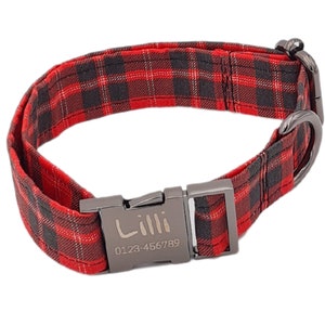 Personalized checkered dog collar with custom engraving | Organic cotton handmade for small and large dogs | Gift for dog owners