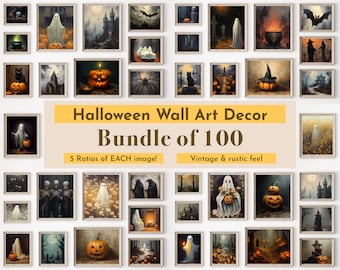 Op de afbeelding: Een collage van 100 vintage-stijl Halloween-wandkunstprints met verschillende griezelige en grillige ontwerpen. De prints bevatten afbeeldingen van geesten, pompoenen, vleermuizen, heksen en andere Halloween-themabeelden. De tekst "Halloween Wall Art Decor Bundle of 100" wordt weergegeven in een gele banner bovenaan de collage.