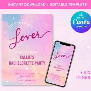 恋人の独身パーティーの招待状と旅程、Canva の編集可能なテンプレート、彼女は恋人を見つけた、恋人の独身パーティー、恋人の招待状、恋人の花嫁