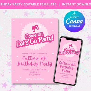 Malibu Birthday Party Invitation, Canva editable Template, Girl&#39;s birthday party pink theme, Let&#39;s go party