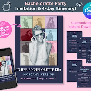 May include: A customisable bachelorette party invitation and 4-day itinerary template featuring a collage of photos in a retro style. The text reads "In Her Bachelorette Era, Morgan's Version, San Diego, CA, May 31 - June 3".