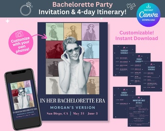 In her Bachelorette Era Invitation & Itinerary, 4 day itinerary, Canva editable Template digital invite bride to be fiancee bachelorette hen