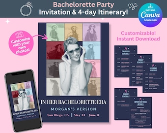 In her Bachelorette Era Invitation & Itinerary, 4 day itinerary, Canva editable Template digital invite bride to be fiancee bachelorette hen