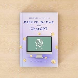 Pode incluir: Uma capa de livro roxa e branca com o título "Guia para iniciantes de renda passiva com ChatGPT" e uma tela de computador com o logotipo do ChatGPT. A capa do livro é decorada com sinais de dólar dourados.