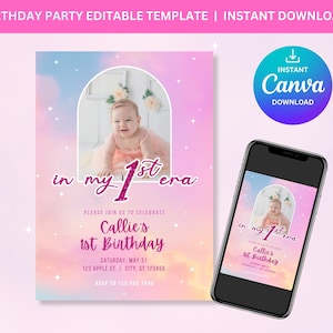 1st Birthday Invitation, In my 1st Era Party Invitation, Canva editable Invitation Template, Girl&#39;s b-day party, bday party invite