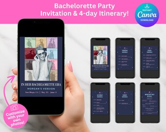 En su invitación e itinerario de Bachelorette Era, itinerario de 4 días, plantilla editable de Canva invitación digital a la novia a ser despedida de soltera prometida