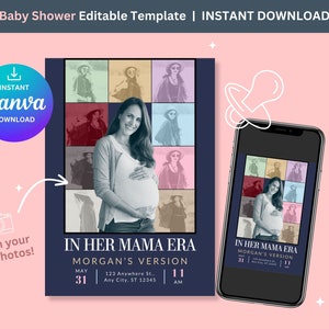 In her Mama Era Invitation, Baby shower Invitation, Canva editable Template, digital invite, Mom to be invite, pregnancy, expecting mama