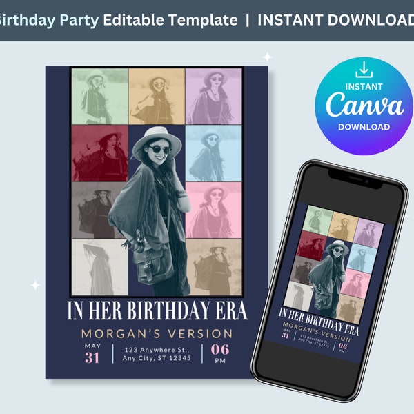 In her Birthday Era Invitation, Girl's Birthday Invitation, Canva editable Template, digital invite, teen b-day party cute bday party invite