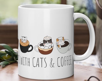 Cats and Coffee Kawaii Coffee Mug Your Own Text Personalizable Custom Cat Mug Gift for Cat Lovers