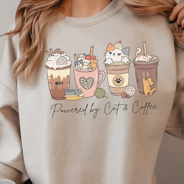 Cute Kawaii Sweatshirt Cat & Coffee Sweater for Cats and Coffee Lover Kawaii Kitten