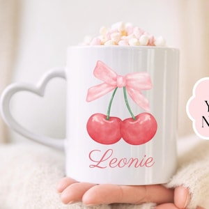 Personalized Heart Mug Cherry Pink Bow Custom Coffee Mug Coquette Core Mug Girly Tea Cup Girl Name Gift Idea Birthday Name Cute Coquette Mug