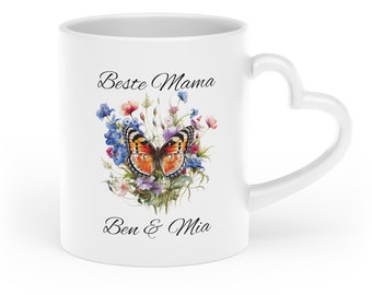Mama Tasse Personalisiertes Geschenk mit Herz Keramiktasse mit Namen der Kinder Floral Schmetterling