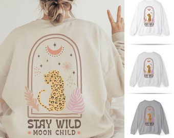 Moon Child Boho Sweater Leopard Jumper Backprint Boho Floral Moon Lover Gift Floral Shirt Nature lover Shirt Witch Shirt