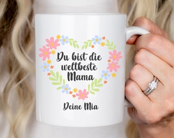 Beste MAMA Tasse personalisiert Namen Herz Blumen Gift for Mom Mothers Day Coffee Mug custom Name Text Cup Kids Present to Mom