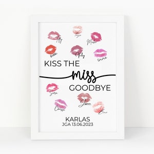 Kiss The Miss Goodbye PRINTABLE JGA Party Andenken Download personalisiertes Geschenk für die Braut Bridal Party Game