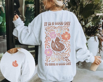 Boho Sweatshirt Cozy Sweatshirt Its a Good Day Fox Backprint Floral Retro Plus Size Pulli für Frauen Geschenk für Sie