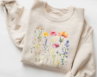 Wildflower Sweatshirt, Cottagecore Crewneck, Pastel Flower Sweatshirt, Oversize Pressed Flowers Hoodie, Gift for Flower Lover [E]