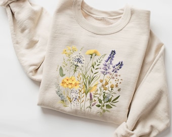 Wildflower Sweatshirt, Cottagecore Crewneck, Pastel Flower Sweatshirt, Oversize Pressed Flowers Hoodie, Gift for Flower Lover [E]