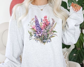 Wildflower Sweatshirt, Cottagecore Crewneck, Pastel Flower Sweatshirt, Oversize Pressed Flowers Hoodie, Gift for Flower Lover [E]