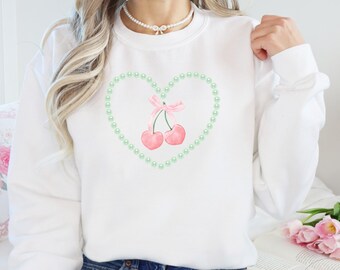 Cherry Pink Bow Coquette Sweatshirt Preppy Crewneck  Coquette Aesthetic Clothing Cute Sweater Gift for her Cute Girly Shirt