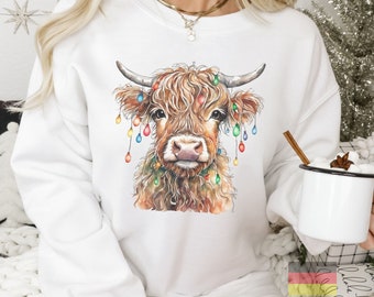 Highland Cow Weihnachts Sweatshirt,Weihnachts Kuh Shirt, Crewneck Womens Christmas Sweater, Plus Size 3XL [E]