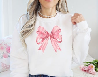 Pink Bow Sweatshirt Sleeve Print Sweater Cute Bow Shirt Clothing Coquette aesthetic Preppy Tee Style Gift for Girlfriend Sweatshirt