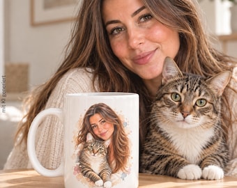 Pet & Favorite Person Photo Mug Watercolor Mug with Dog or Cat Gift for Cat Mom