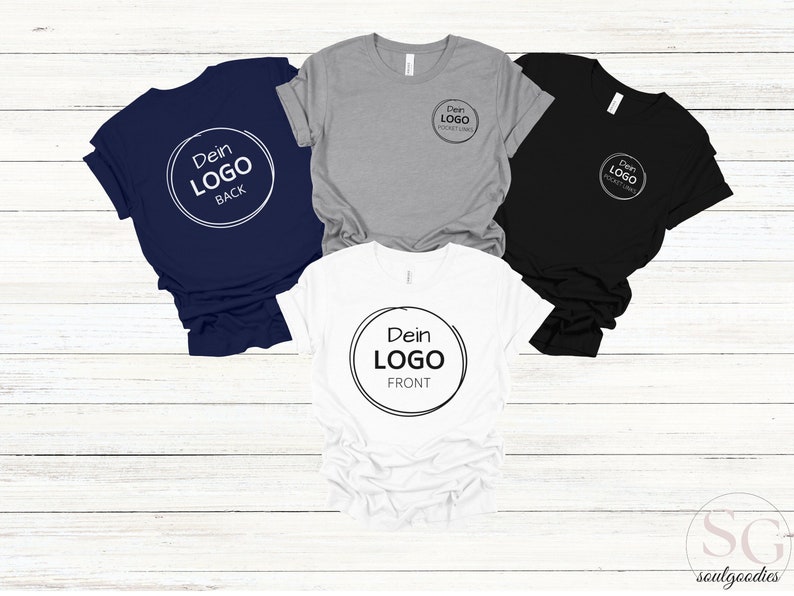 4 shirts laying on a wooden floor a navy blue shirt, a grey shirt, a black shirt and a white shirt customizable with own logo