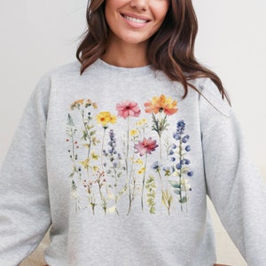 Wildflower Sweatshirt Floral Crewneck Cottagecore Pressed Flowers Pullover Women Sweater - Ash