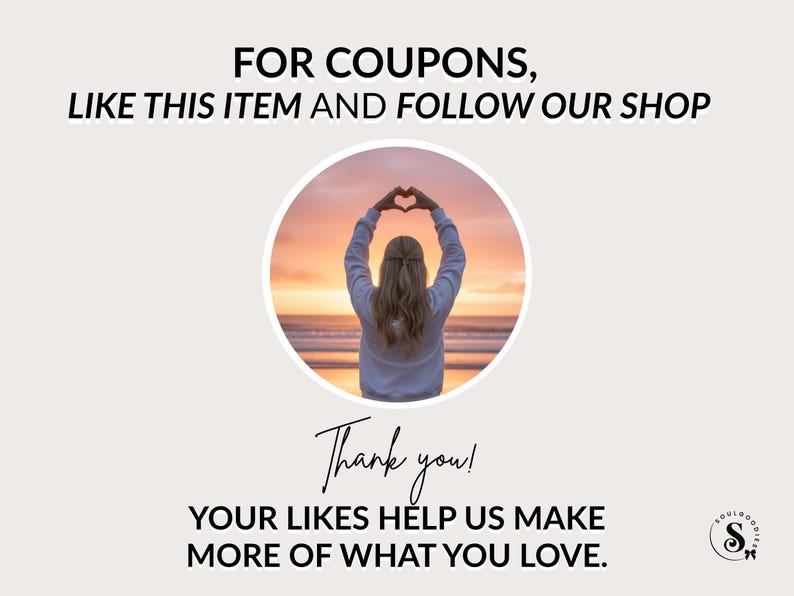 K&ouml;nnte beinhalten: Grafik mit dem Text &bdquo;F&Uuml;R GUTSCHEINE, GEFALLEN SIE DIESEN ARTIKEL UND FOLGEN SIE UNSEREM SHOP&ldquo;. Ein kreisf&ouml;rmiges Bild zeigt eine Person, die mit ihren H&auml;nden ein Herz formt. Der Text &bdquo;Danke! IHRE LIKES HELFEN UNS, MEHR VON DEM ZU MACHEN, WAS SIE LIEBEN.&ldquo;