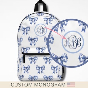 Sac à dos Toile avec monogramme personnalisé avec nœuds Sac à dos Cartable Preppy Floral Bow Sac à dos sophistiqué pour étudiant Cadeau