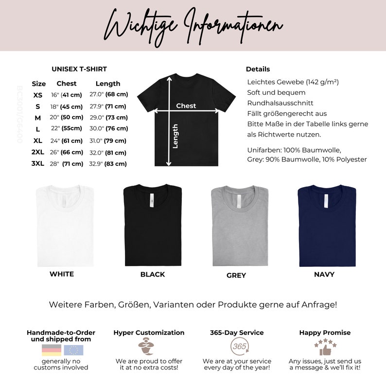 Info chart with details: measurements, Details, shirt colors choose from white, black, grey, navy and service