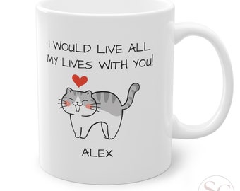 Personalisierte Tasse für Partner Kawaii Cat Anniversary Valentines Day Custom Mug Geschenk für Sie für Ihn Valentinstag