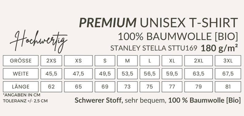 Puede incluir: Gr&aacute;fico de informaci&oacute;n del producto para una camiseta unisex Premium hecha de 100% algod&oacute;n org&aacute;nico. La tabla muestra tallas de 2XS a 3XL, con medidas en cent&iacute;metros para ancho y largo. El texto incluye "Hochwertig" y "Schwerer Stoff".