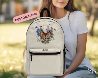 Butterfly Wildflower Personalized Backpack Monarch Customized Name Bag Students Bag Boho Book Bag for Nature Lover College Student Bag