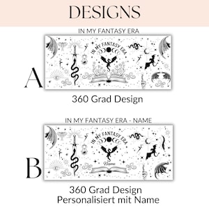 May include: Two black and white designs for a 360-degree wrap. The design features a dragon, a sword, a snake, a crescent moon, a book, and stars. The text reads "In My Fantasy Era". The second design includes the text "Name" in place of the text "In My Fantasy Era".