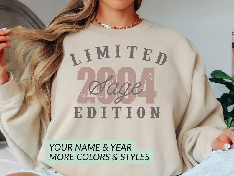 Personalized genderneutral  “Limited Edition” sweatshirt featuring a western-style design with customizable name and birth year. The beige crewneck in the image shows the text “LIMITED EDITION” in bold vintage lettering. Perfect for birthdays, anniversaries, or milestone gifts. Cozy unisex fit, available in multiple colors and styles. A trendy, aesthetic pullover for celebrating your birth year in a fun, unique way. A trendy custom genderneutral sweatshirt and birthday gift.