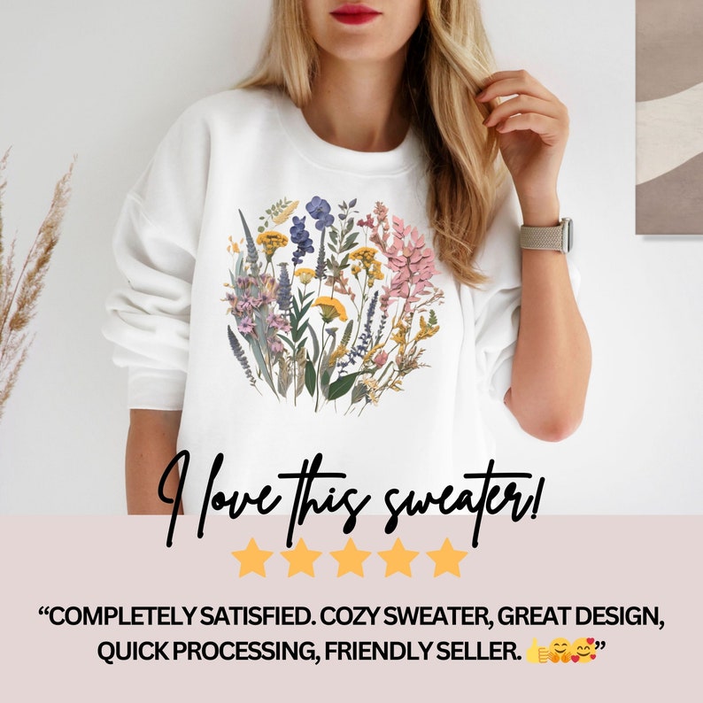 Wildflower Sweatshirt, Cottagecore Crewneck, Pastel Flower Sweatshirt, Oversize Pressed Flowers Hoodie, Gift for Flower Lover E Bild 9