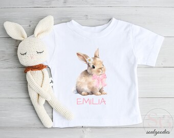 Personalized Shirt Name Bunny Kids Cute Easter Gift for Toddler Boy or Girl Rabbit Motif white or beige cotton