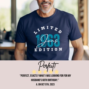 60 year old male model wearing navy colored custom name and birth year shirt for men
