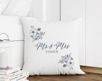 Personalized Wedding Keepsake Customized Pillow Honeymoon Gift Floral Toile Decor Bedroom Customized Mr & Mrs Name Date Your Text Boda