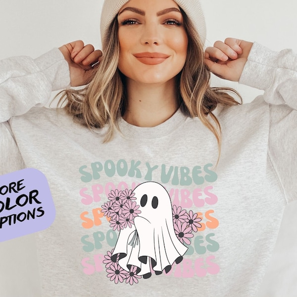 Spooky Vibes Halloween Sweatshirt mit süßem Geist und Blumen, Retro Style, Oversize, Plus Size bis 5XL [E]