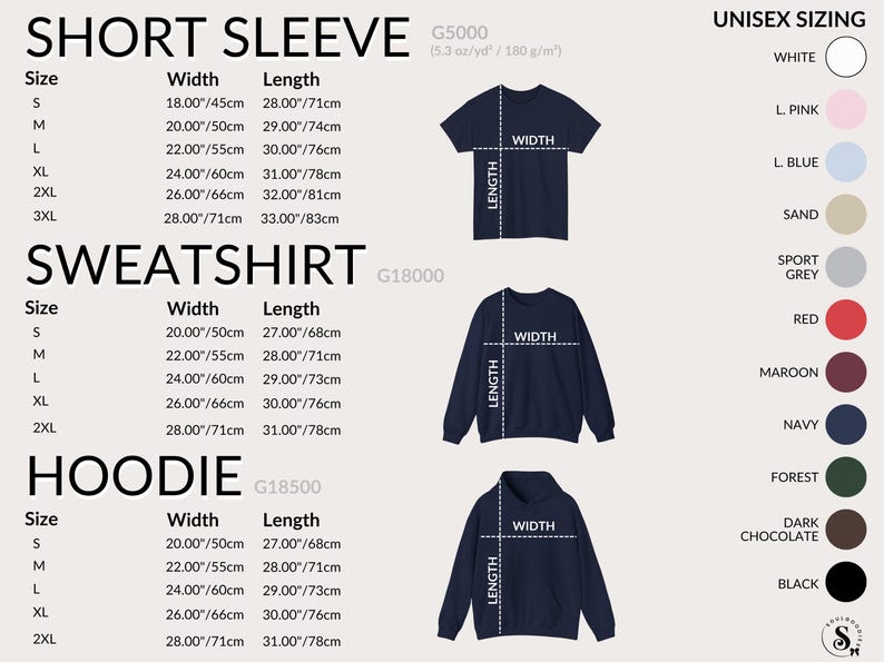 K&ouml;nnte beinhalten: Eine Gr&ouml;&szlig;entabelle f&uuml;r Kurzarm-T-Shirts, Sweatshirts und Hoodies. Die Ma&szlig;e sind in Zoll und Zentimetern angegeben. Die Tabelle enth&auml;lt Gr&ouml;&szlig;e, Breite und L&auml;nge f&uuml;r jedes Kleidungsst&uuml;ck. Farboptionen sind ebenfalls aufgef&uuml;hrt.