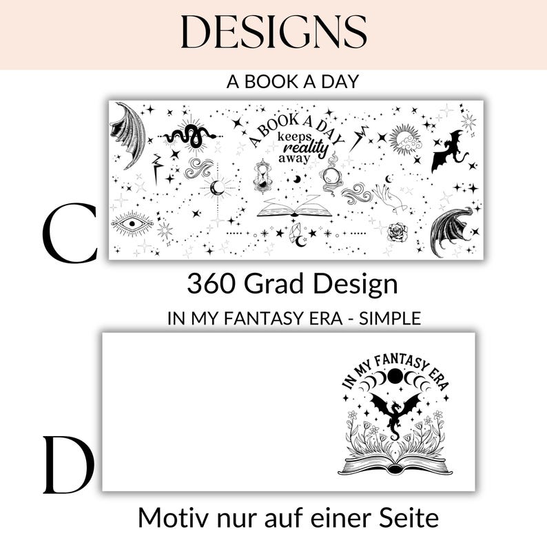 May include: Two designs for a book-themed planner. The first design features a book with the text "A Book A Day Keeps Reality Away" surrounded by stars, moons, and other celestial imagery. The second design features a book with a dragon emerging from it, surrounded by flowers and moons. The text "In My Fantasy Era" is above the book.