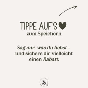 Puede incluir: Gr&aacute;fico color crema con texto marr&oacute;n oscuro e icono de coraz&oacute;n negro. El texto dice "TIPPE AUF'S zum Speichern" y "Sag mir, was du liebst &ndash; und sichere dir vielleicht einen Rabatt."