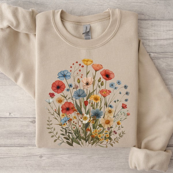 Pressed Flowers Sweater Floral Hoodie Wild Flower Botanical Shirt for Women Flower Tee Trending Wildflower Sweatshirt Gift for Girlfriend