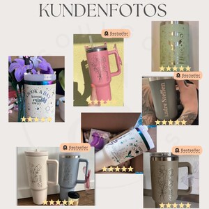 May include: A collection of six personalized stainless steel tumblers with various designs and text. The tumblers are in different colors, including pink, green, gray, and beige. The designs include flowers, text, and a moon.