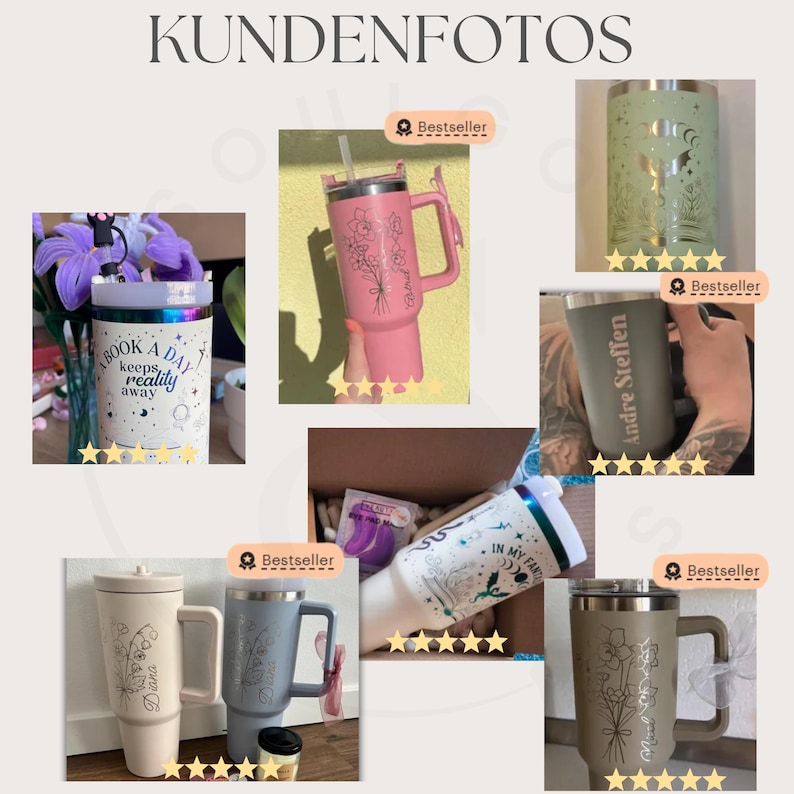 May include: A collection of six personalized stainless steel tumblers with various designs and text. The tumblers are in different colors, including pink, green, gray, and beige. The designs include flowers, text, and a moon.